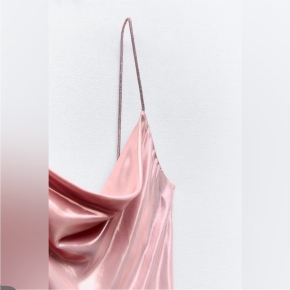 ZARA Rhinestone Foil Mini Dress Pink Rose Gold Metallic - Picture 5 of 5